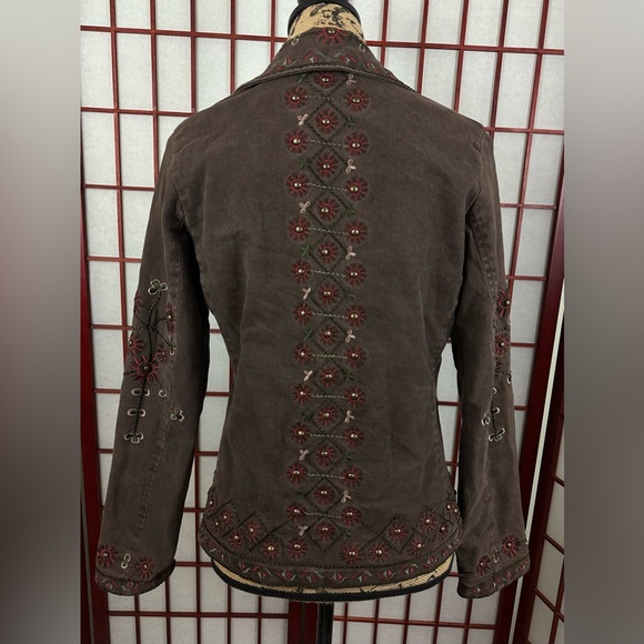 Vintage Brown Grunge Embroidered Unique Funky Embellishmed Button Denim Jacket - Picture 2 of 7